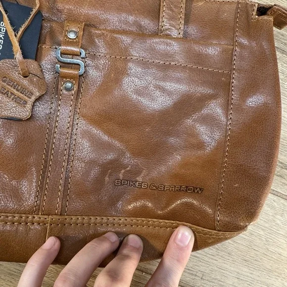 New Spikes & Sparrow Medium Leather Double Strap Shoulder Bag Cognac Brown - Picture 5 of 10